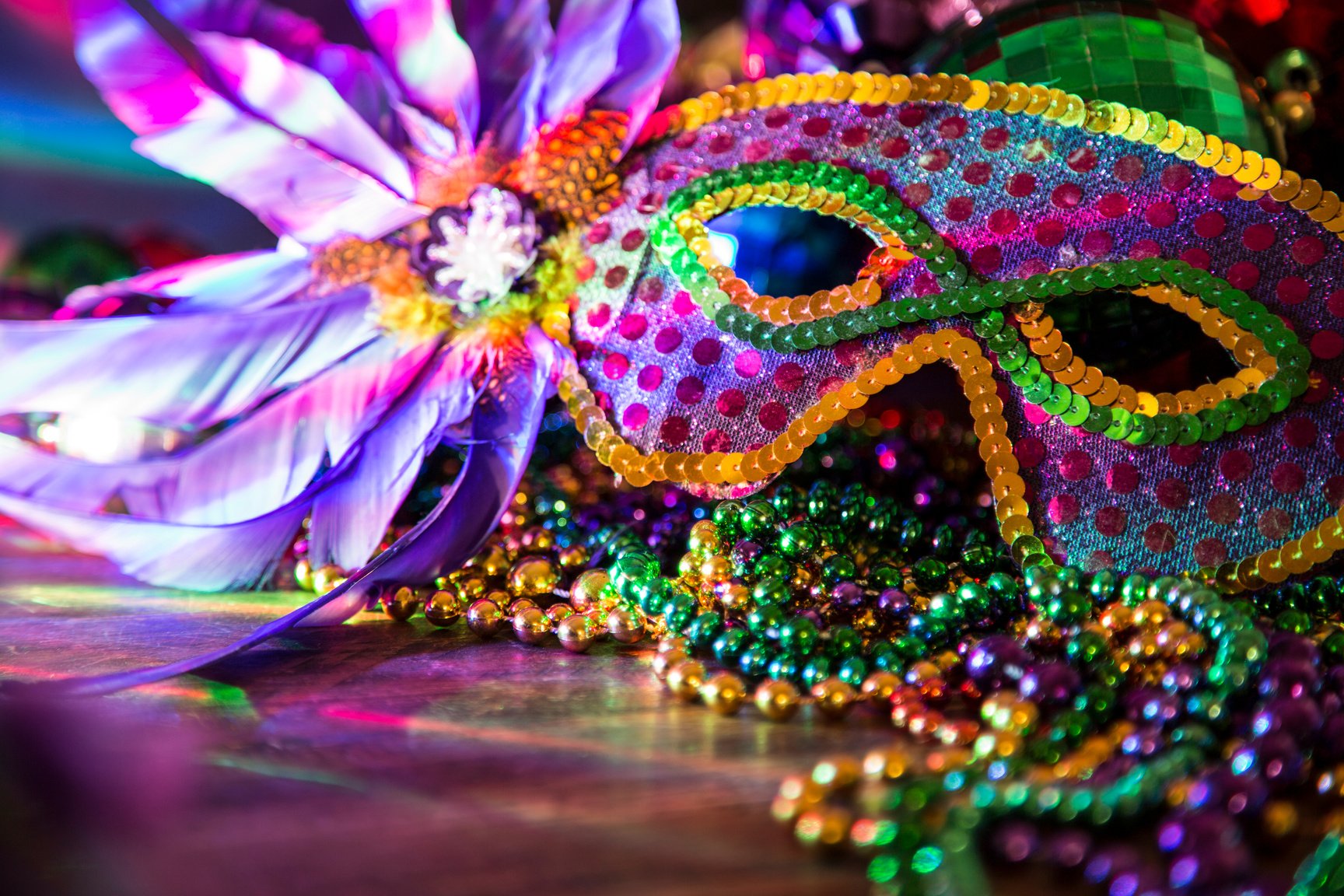 Mardi Gras, Rio carnival mask and colorful decorations.